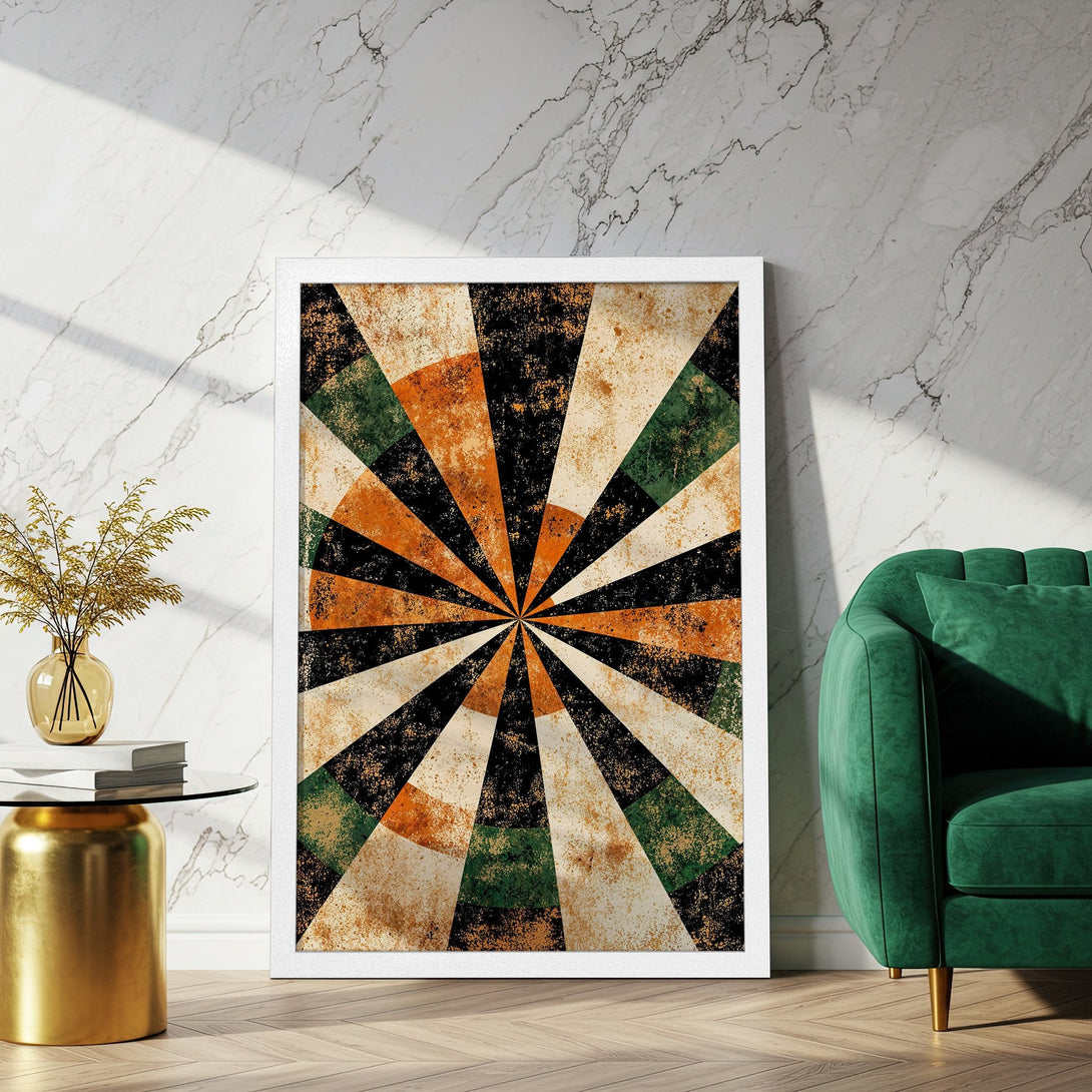 Framed Poster featuring an abstract geometric design in a warm, earthy color palette of orange, green, and black. Perfect wall art!