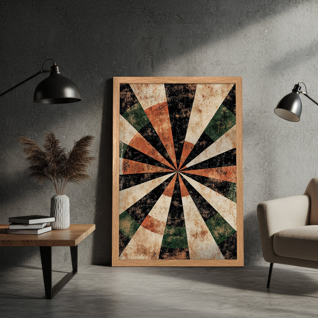Framed Poster: Abstract geometric art in earthy tones of orange, green, and black. Perfect wall decor for modern or minimalist spaces.