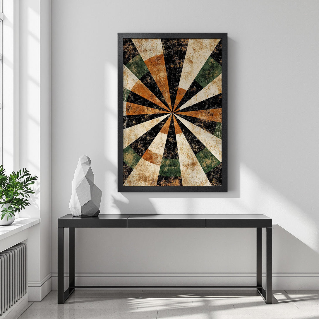 Framed Poster featuring a geometric sunburst design in warm earth tones. Perfect art for modern home decor.