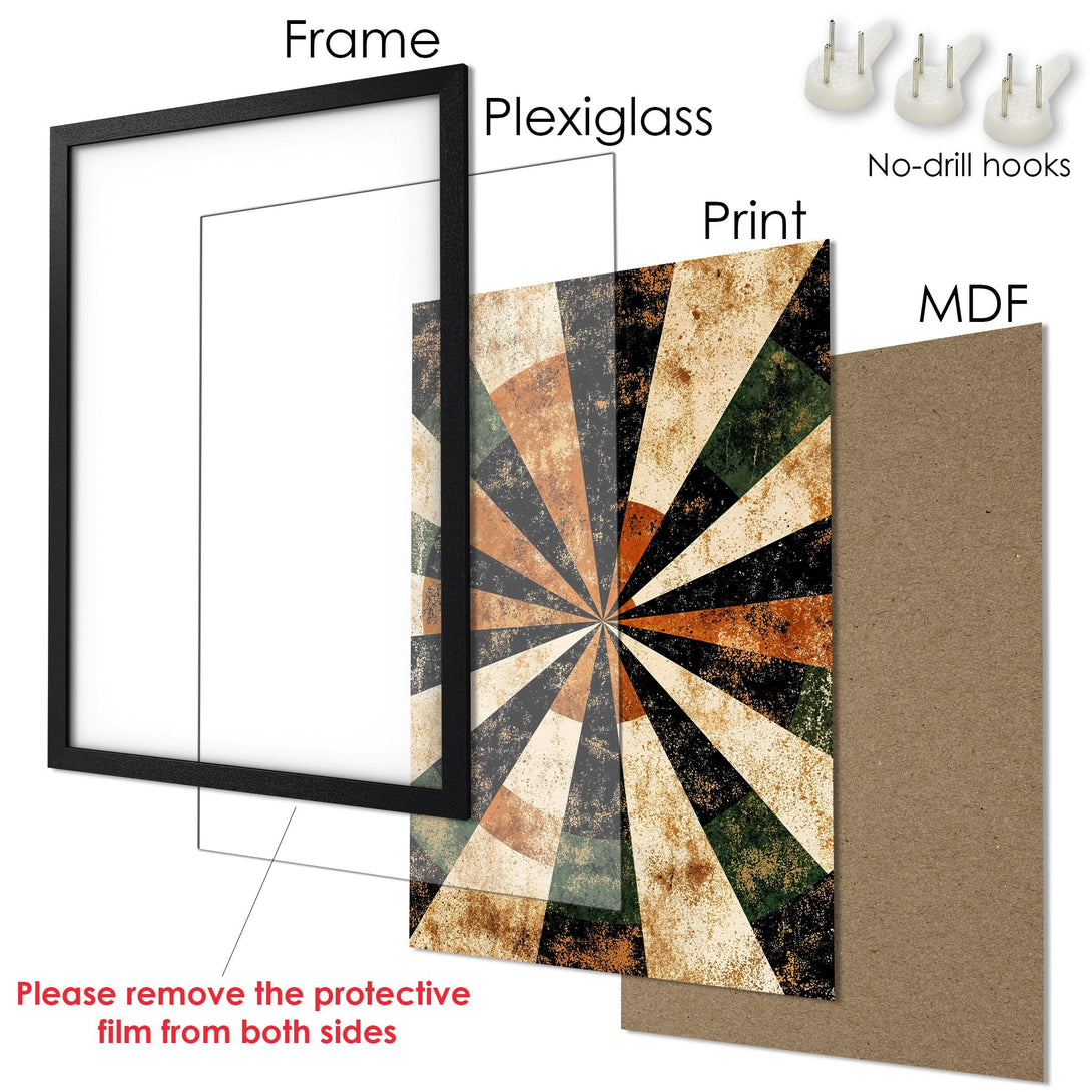 Framed Poster with geometric sunburst design in earthy tones. Perfect wall art for any space!