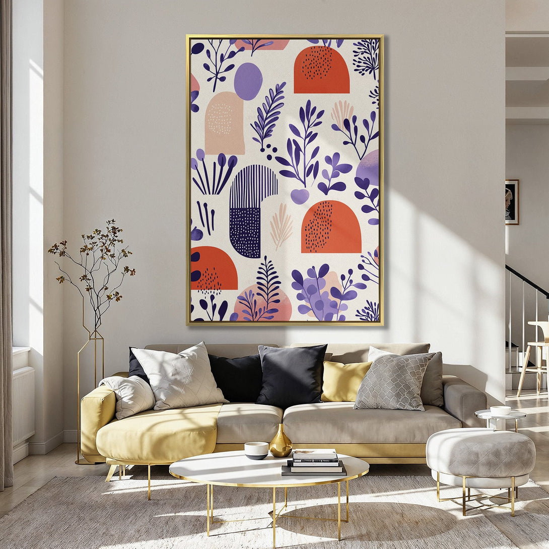 Canvas Print featuring abstract floral design in orange, purple, and beige, perfect for adding a pop of color to your kitchen or living room.