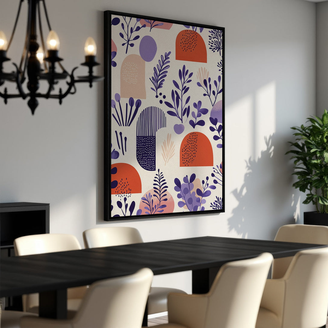 Framed Wall Art: Abstract botanical print in a modern dining room. Features a neutral palette with pops of orange and purple, perfect for any space.