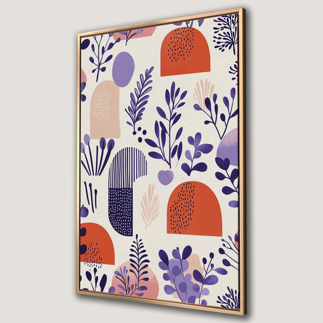 Framed Wall Art: Abstract botanical design Canvas Print in a modern style. Features a warm color palette with orange, purple, and beige tones. Perfect for home decor.