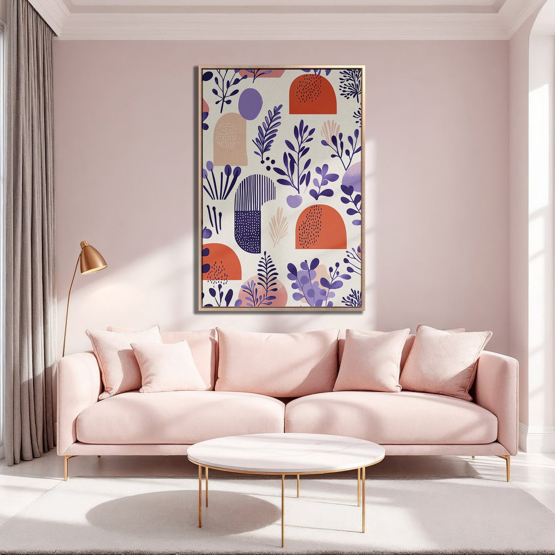 Framed Wall Art featuring an abstract floral design in a modern style with a soft, warm color palette of pink, orange, and purple. Perfect for home decor.