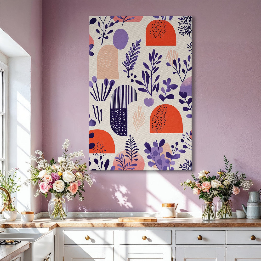 Framed Wall Art featuring abstract floral design in orange, purple, and beige. Modern Canvas Print adds a pop of color to any living room.