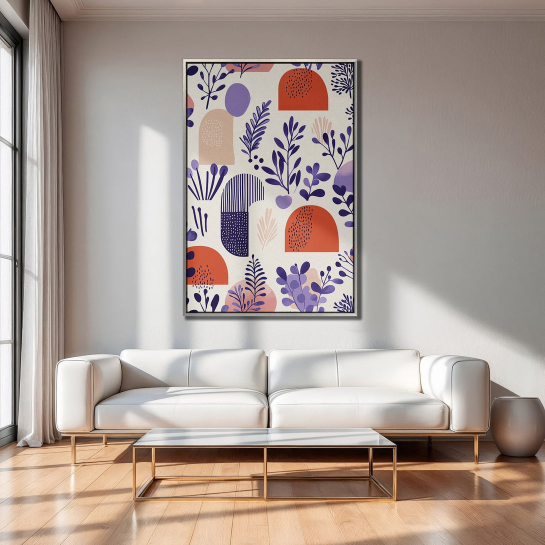 Framed Wall Art featuring abstract botanical design in orange, purple, and beige. Modern art for home decor, perfect for living rooms and bedrooms.