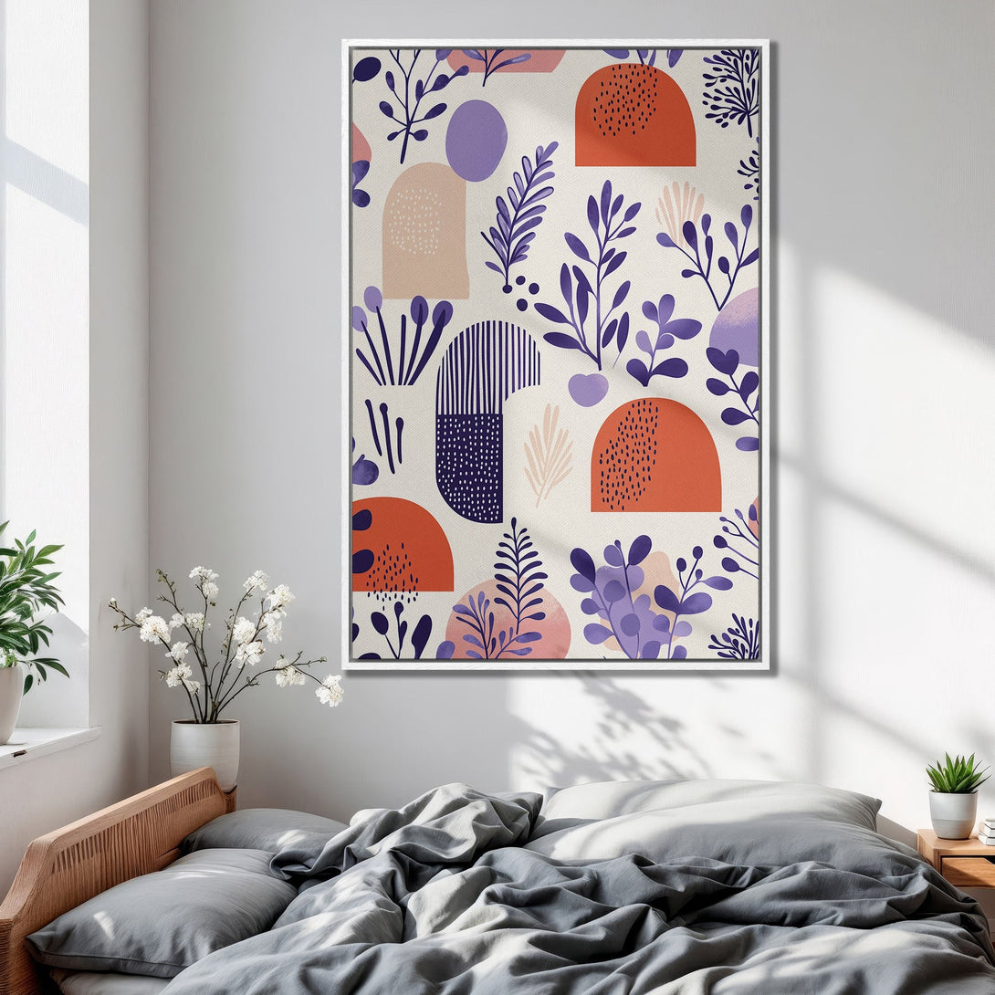 Framed Wall Art featuring abstract floral design in orange, purple, and beige, perfect for bedroom decor. Modern canvas print for a stylish home.