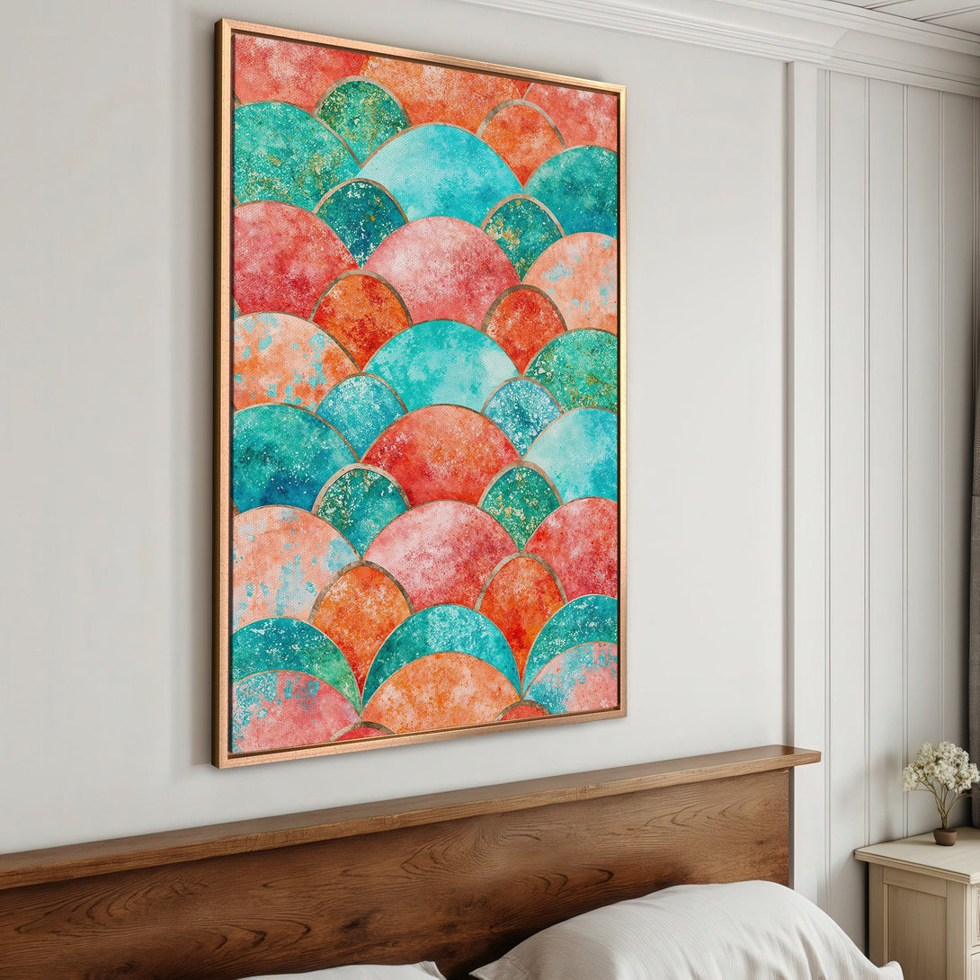 Framed Wall Art featuring a colorful abstract design in teal, orange, and red. Perfect for adding a pop of modern art to your bedroom decor.