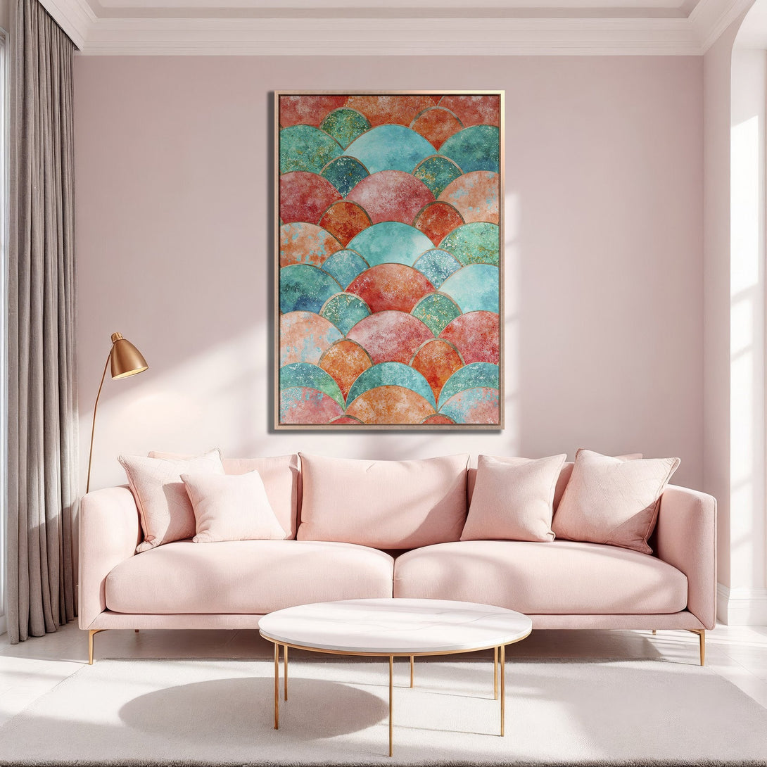 Framed Wall Art featuring a colorful abstract design in teal, orange, and red hues, displayed in a stylish living room with a pink sofa.