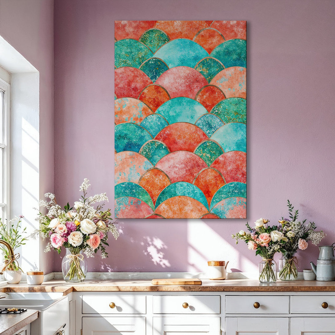 Framed Wall Art featuring an abstract, colorful design in teal, orange, and red hues. Modern art canvas print adds a stylish touch to any interior.