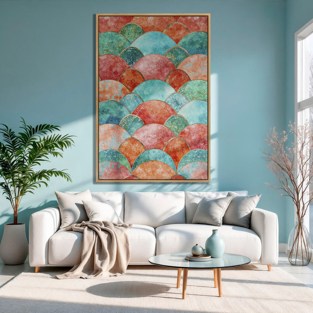 Framed Wall Art: Abstract watercolor design in red, teal, and orange. Modern art canvas print adds a pop of color to any interior.