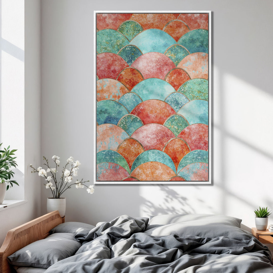Framed Wall Art featuring a watercolor abstract design in a warm, inviting color palette of reds, oranges, and teals. Perfect for bedroom decor.