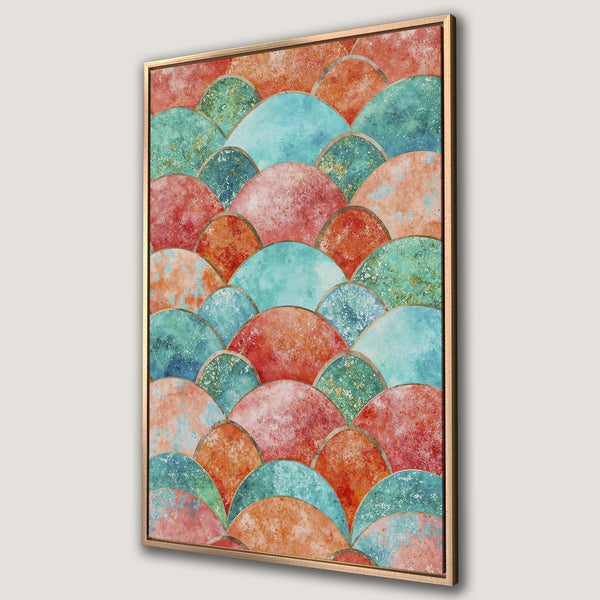 Framed Wall Art featuring a vibrant abstract pattern in a watercolor style. Colorful design with red, teal, and orange hues, perfect for adding a pop of color to any room.