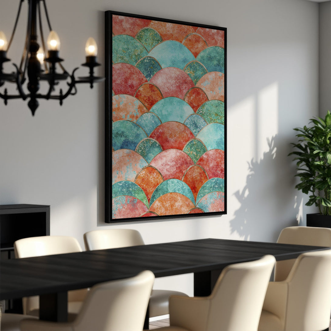 Framed Wall Art featuring an abstract geometric pattern in a warm color palette of red, orange, and teal. Perfect for adding a pop of color to any interior.