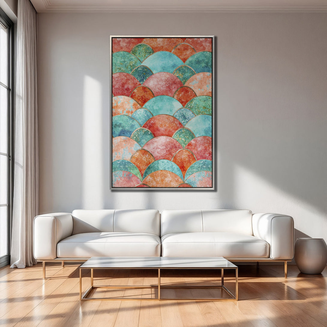 Framed Wall Art: Abstract geometric design in teal, coral, and gold. Modern canvas print adds a pop of color to any living room.