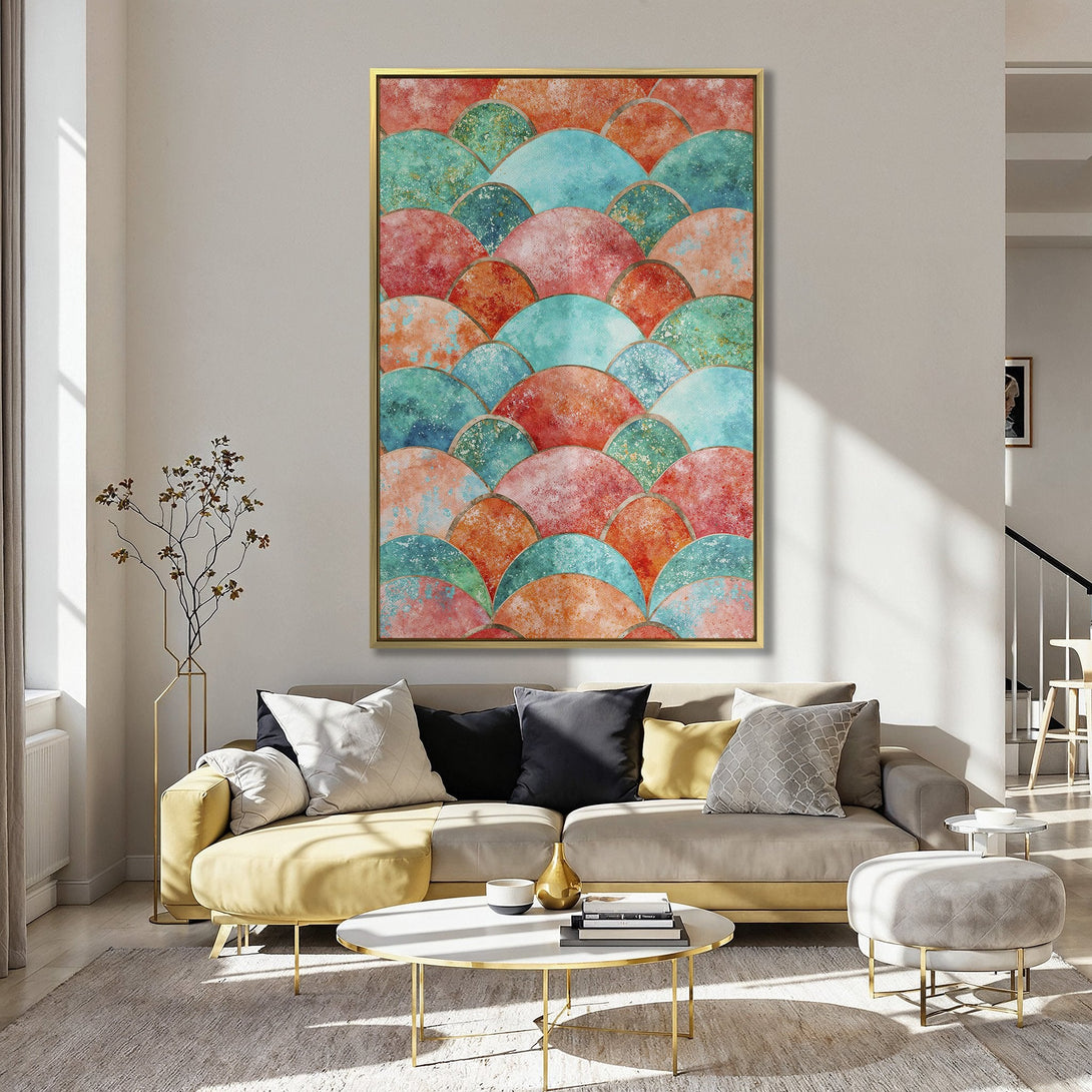 Canvas Print: Abstract art in teal, coral, and gold. Modern wall decor for kitchen or living room. Adds a pop of color and style.