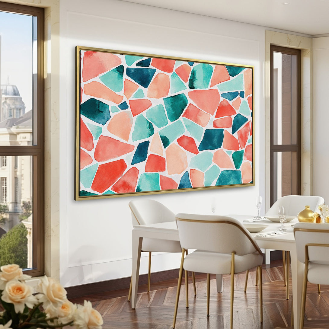 Abstract watercolor Canvas Print in a modern interior. Features a colorful mosaic design with red, teal, and navy hues. Perfect wall art for any space.
