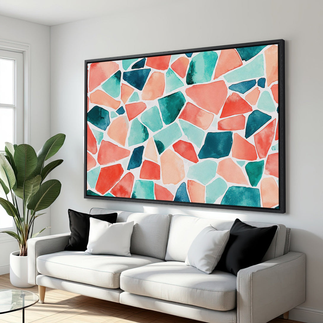 Framed Wall Art featuring an abstract watercolor design in coral, teal, and navy. Modern art for living room decor. Canvas Print.