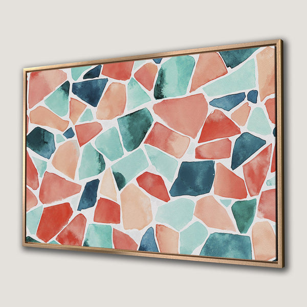 Framed Wall Art: Abstract watercolor mosaic in coral, teal, and navy. Modern canvas print for a stylish home.