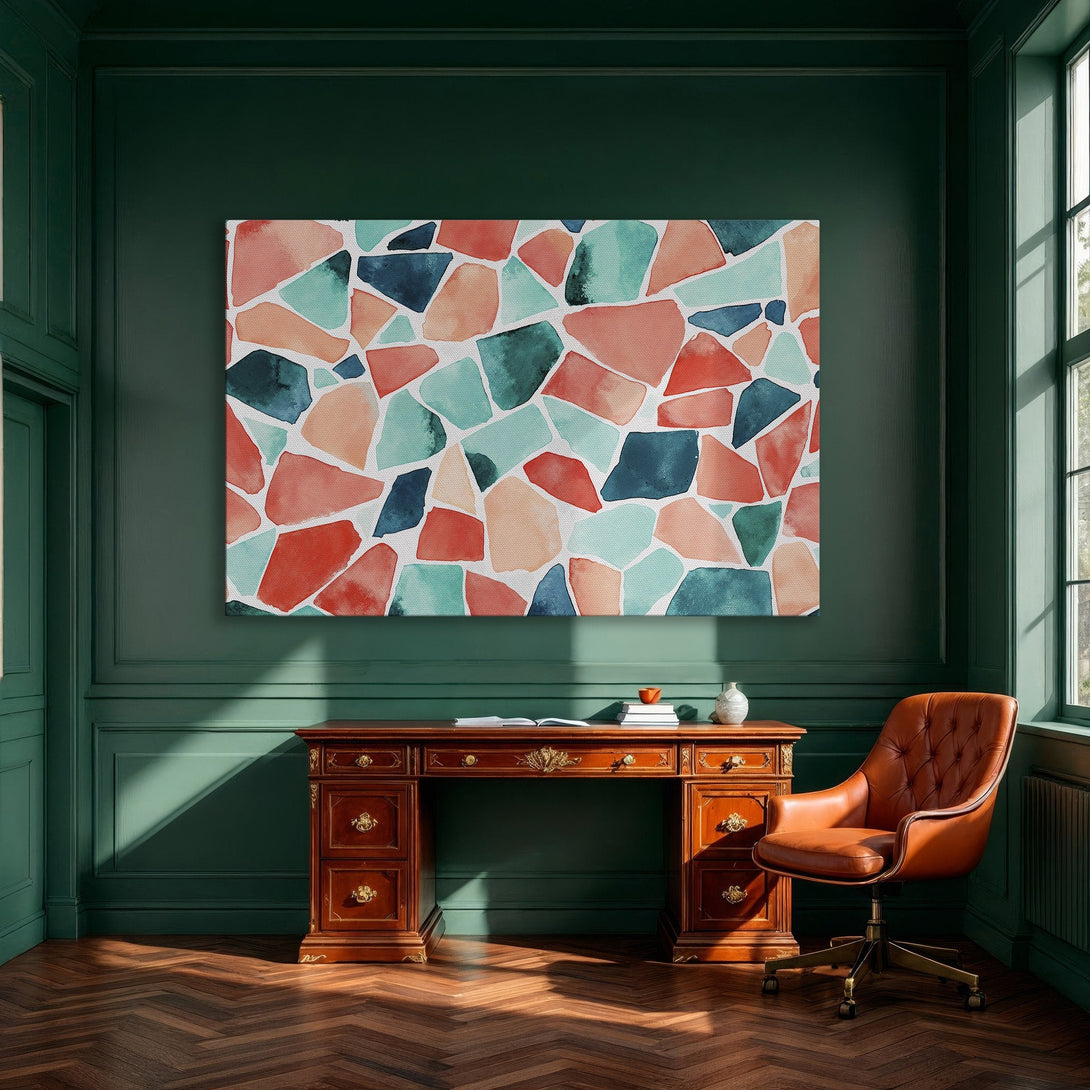 Framed Wall Art featuring an abstract watercolor design in coral, teal, and blue hues. Adds a pop of color to any dining room.