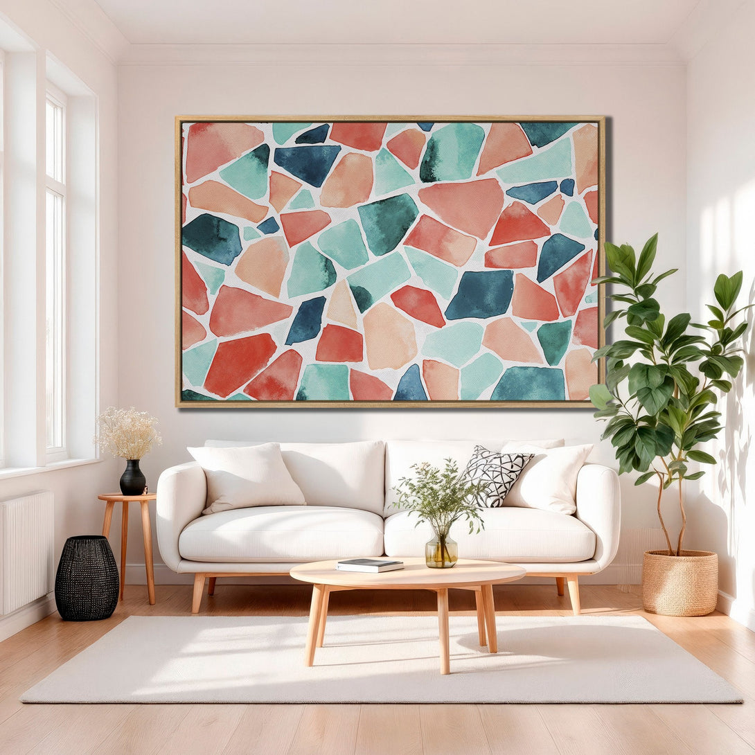 Framed Wall Art: Abstract watercolor design in coral, teal, and navy. Modern art canvas print adds a pop of color to any living room.