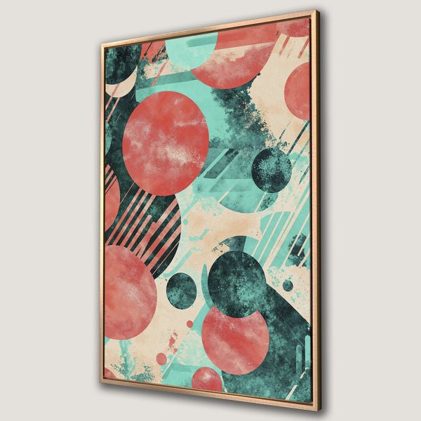 Framed Wall Art featuring an abstract geometric design with red, teal, and beige circles and shapes. Modern art canvas print for home decor.