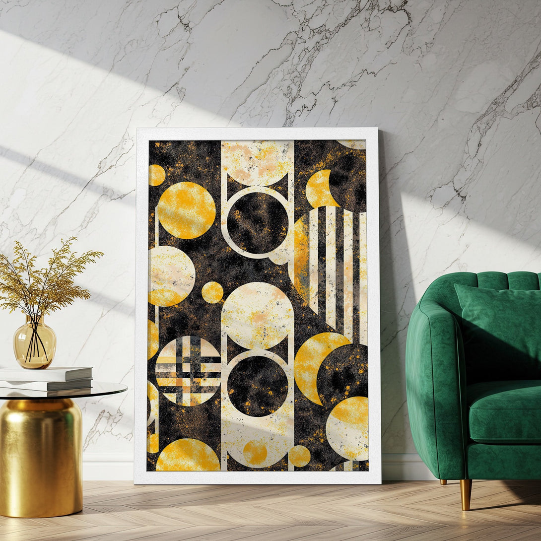 Framed Poster featuring an abstract geometric design in black, yellow, and white. Modern art style for home decor.