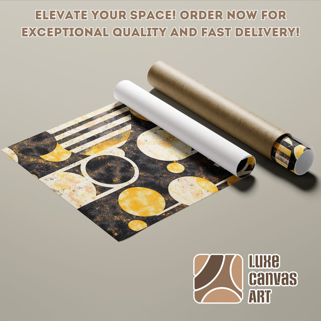 Abstract geometric Poster Roll art, black, gold, and white color palette. Elevate your space today!