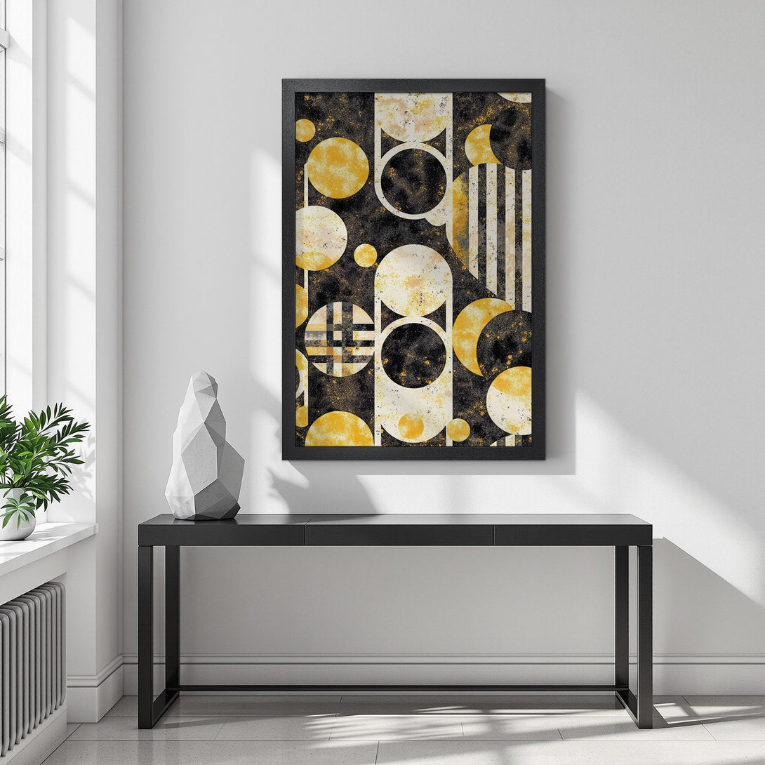Framed Poster featuring abstract geometric art in black, gold, and white. Modern art print for stylish home decor.