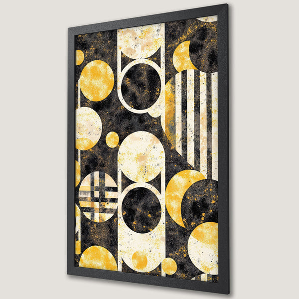 Framed Poster featuring an abstract geometric design with circles and lines in a black and yellow color palette. Modern art for your home!