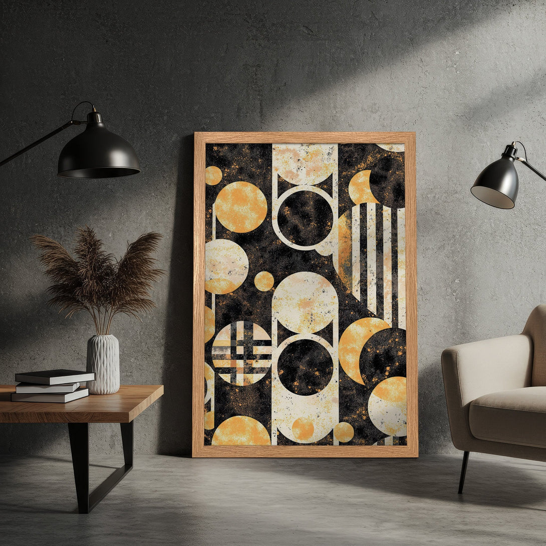 Framed Poster featuring an abstract geometric design in black, gold, and white. Modern art style, perfect for home decor.