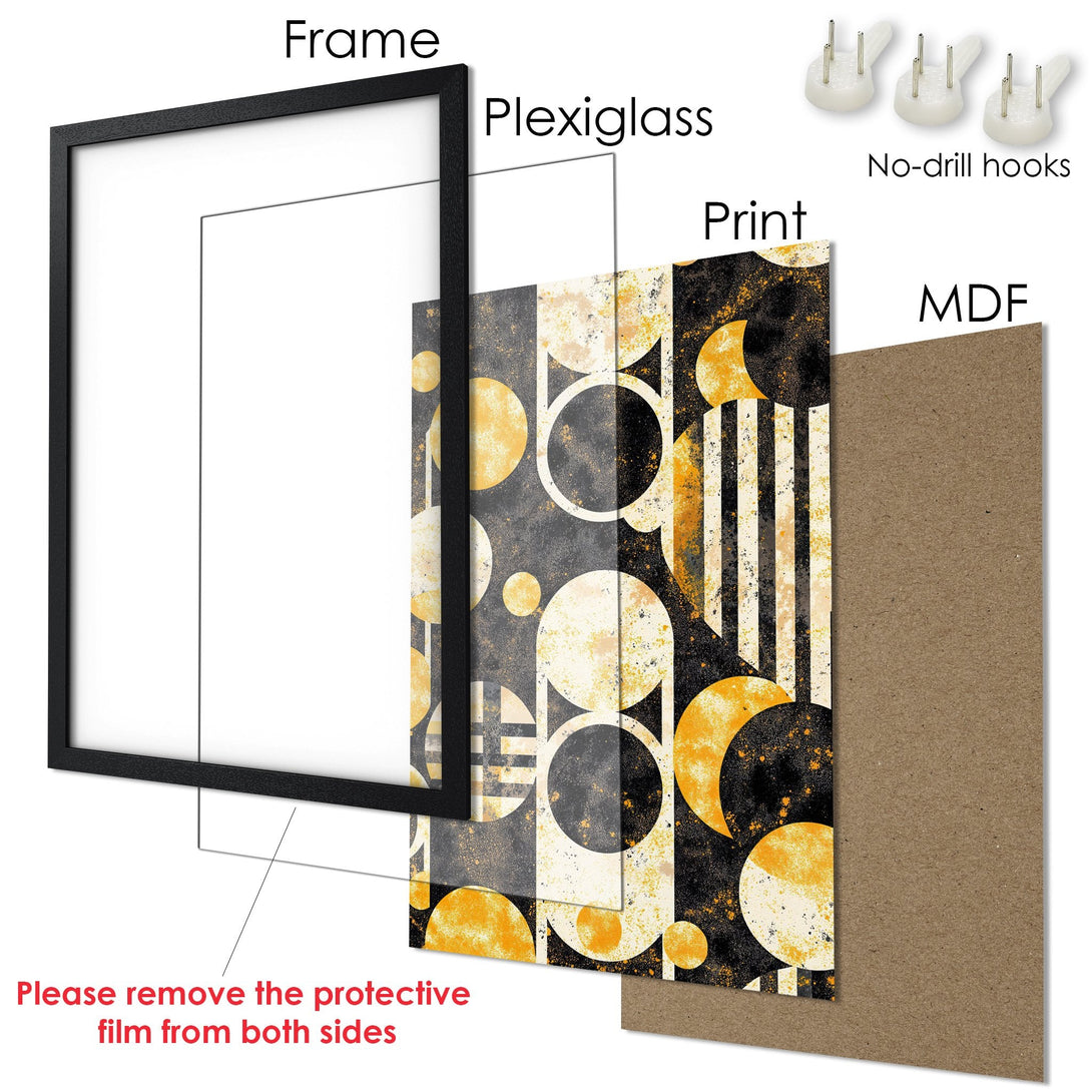 Framed Poster with geometric abstract design in black, gold, and gray. Modern art print ready to hang.
