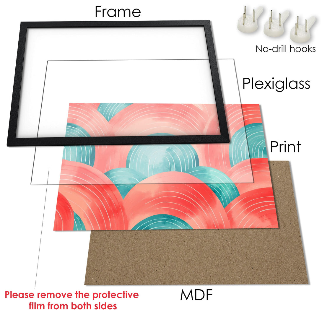 Framed Poster with abstract art in coral and teal. Modern style, ready to hang. Shop now!