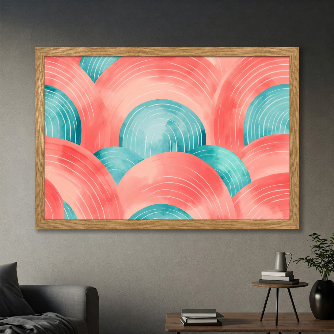 Framed Poster featuring abstract watercolor art in coral and teal. Modern art print for home decor.