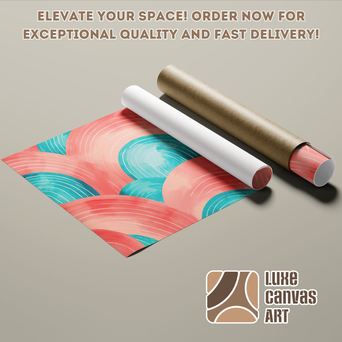 Abstract art poster roll with coral, teal, and beige color palette. Elevate your space!
