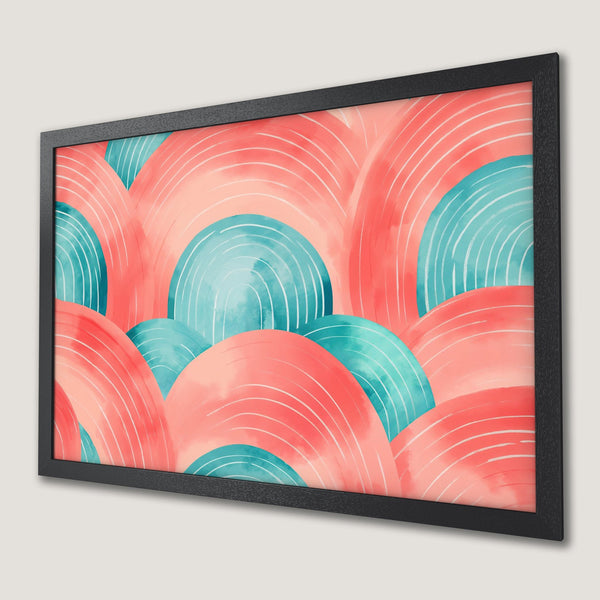 Framed Poster featuring abstract watercolor art in coral and teal. Modern wall art for home decor.