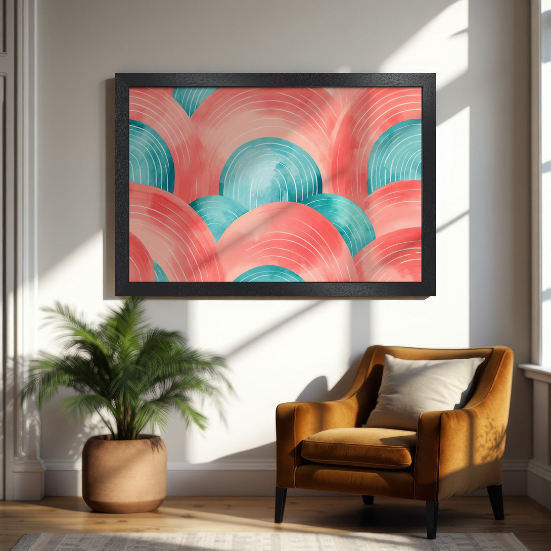 Framed Poster featuring abstract watercolor art in coral and teal. Perfect for modern home decor. Shop now!