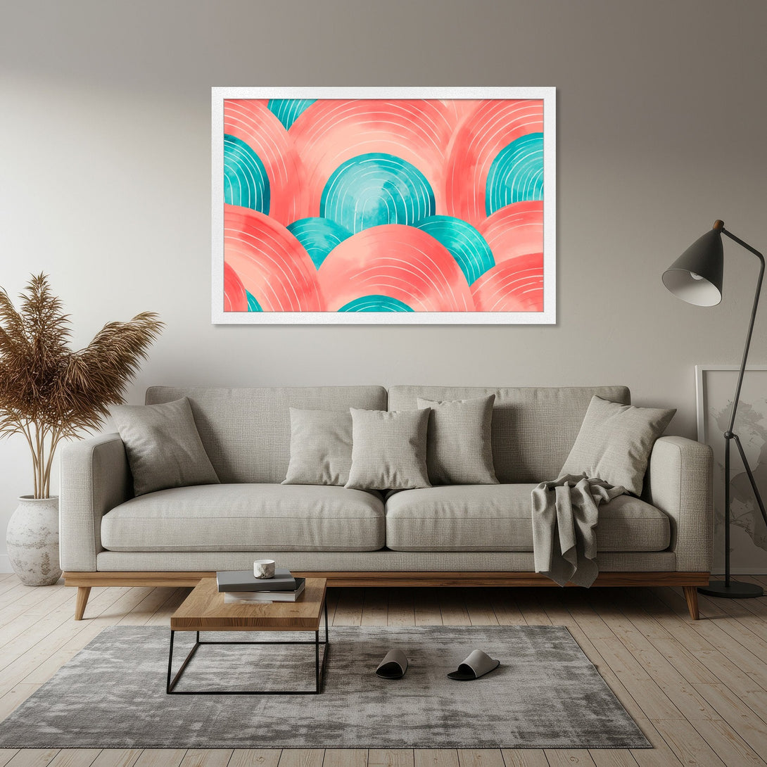 Framed Poster featuring abstract watercolor design in coral and teal. Modern art print for living room decor.