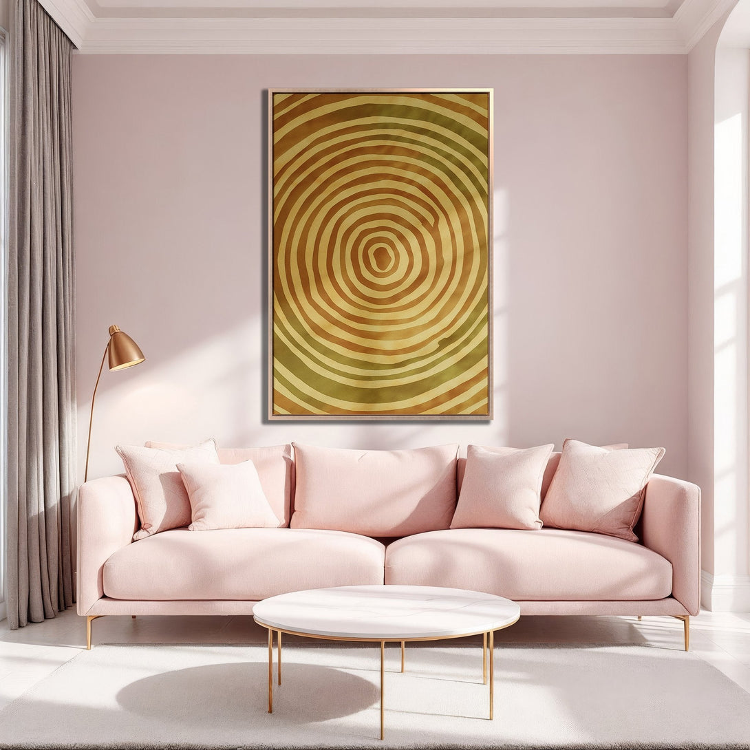Framed Wall Art featuring a warm, abstract spiral design in earthy tones. Adds a touch of modern elegance to any living space.