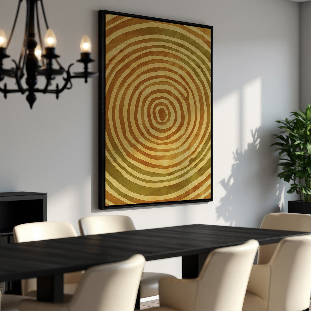 Framed Wall Art featuring an abstract spiral design in warm earth tones. Adds a touch of modern elegance to any dining room. Shop now!
