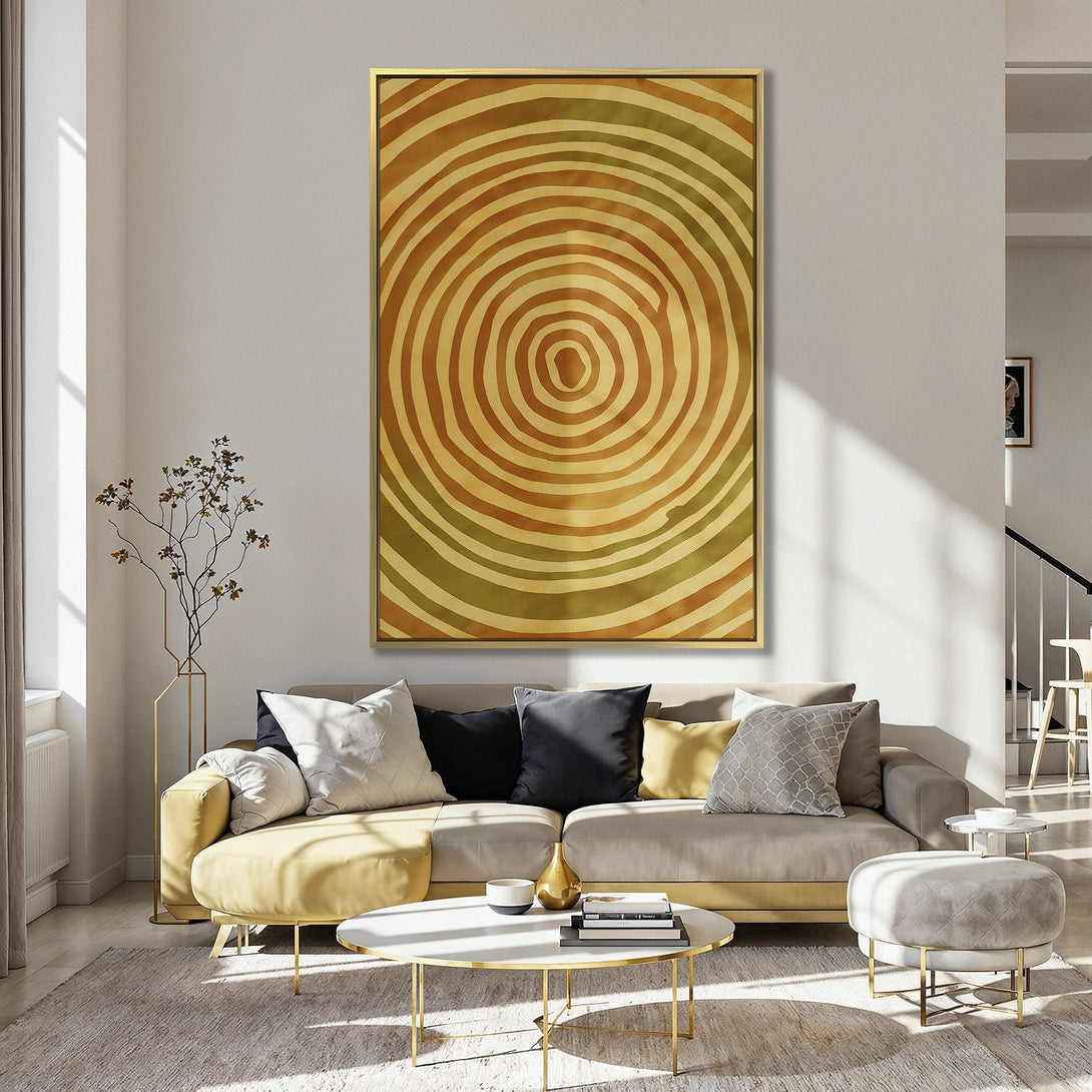 Canvas Print featuring an abstract spiral design in warm yellow and green tones, adding a touch of modern art to any interior.