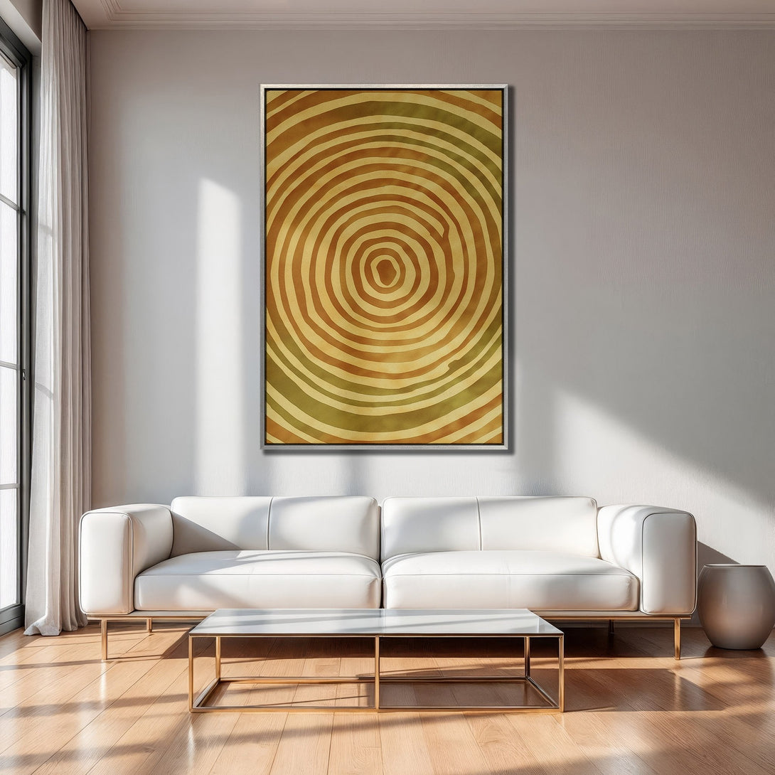 Framed Wall Art featuring abstract spiral design in warm earth tones, perfect for modern living room decor. Canvas Print adds a touch of elegance.
