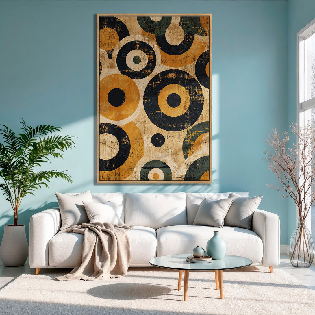 Framed Wall Art featuring a retro geometric design in a warm, earthy color palette. Perfect for adding a pop of style to your living room!