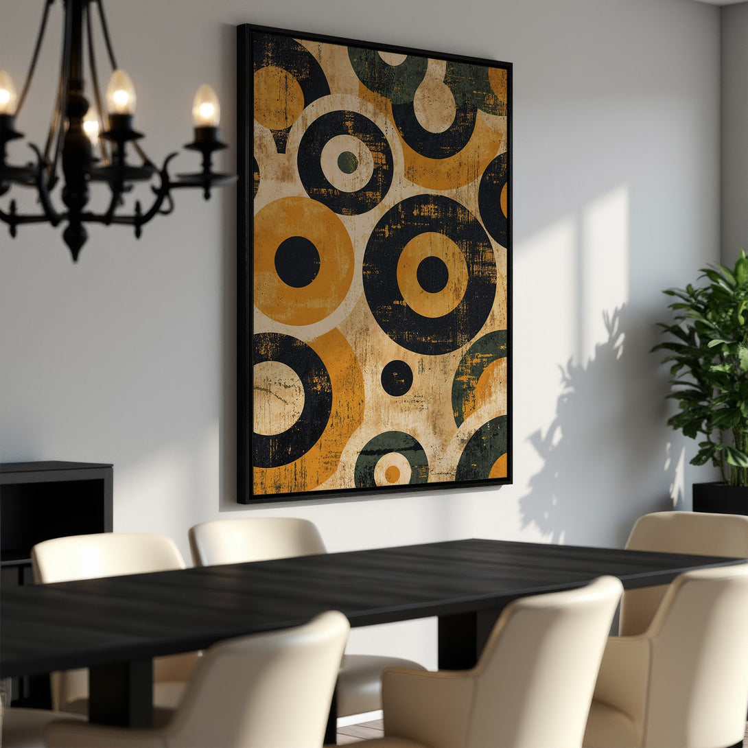 Framed Wall Art featuring a retro abstract design with circles in yellow, black, and green. Perfect for adding a pop of color to your dining room!