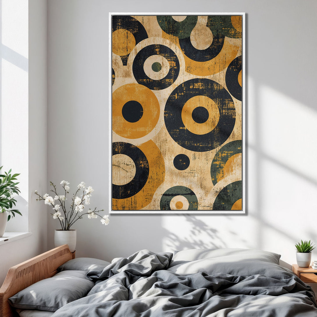 Framed Wall Art featuring an abstract geometric design in yellow, black, and green tones. Perfect for adding a modern touch to your bedroom decor.