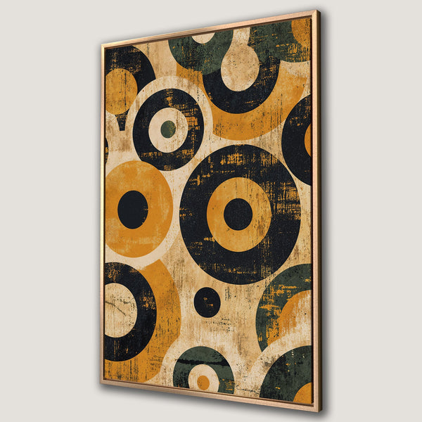 Framed Wall Art featuring a retro geometric design with circles in mustard yellow, black, and green. Perfect for adding a pop of color and style to any room.