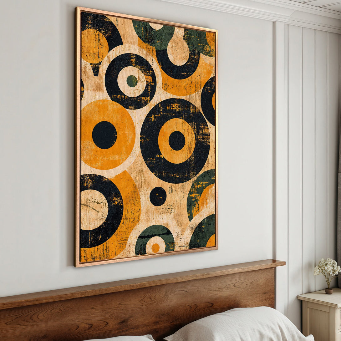 Framed Wall Art featuring a retro geometric design with circles in yellow, black, and green. Perfect for adding a pop of color and style to your home decor.