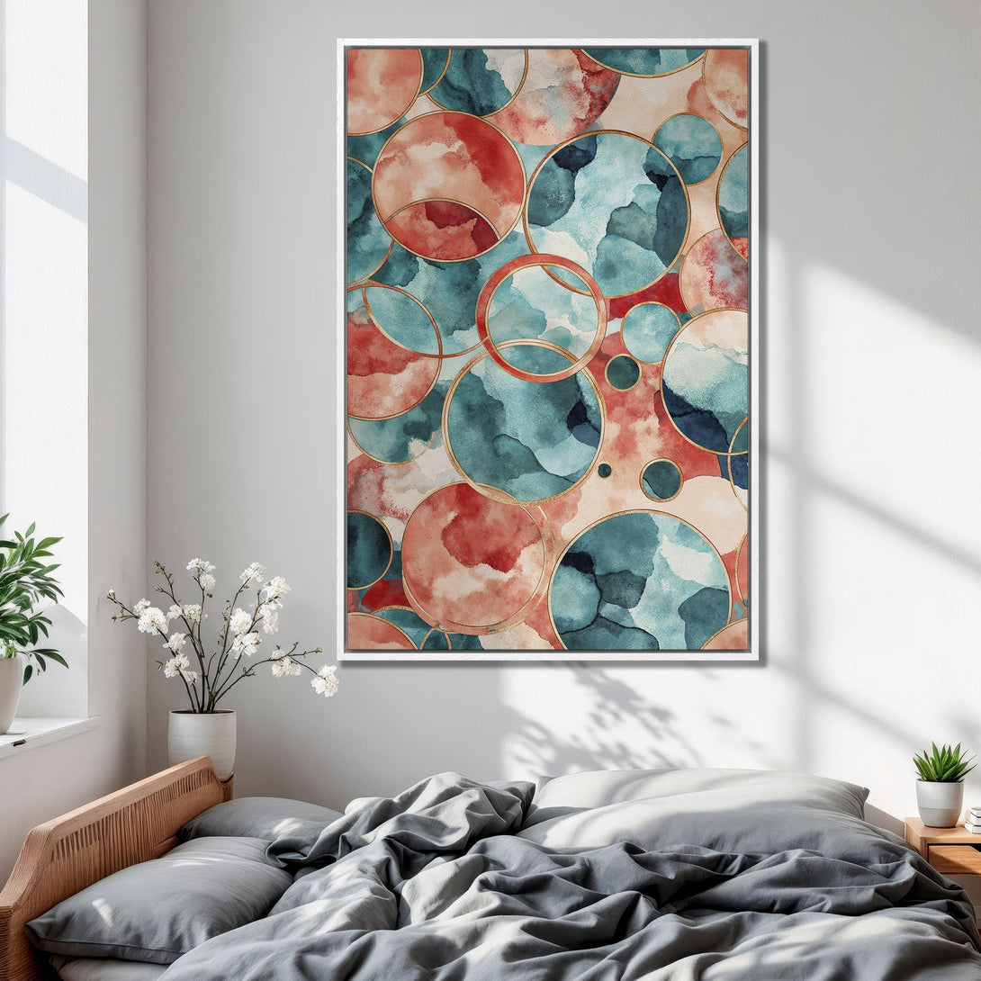 Framed Wall Art featuring abstract watercolor circles in teal, coral, and gold. Modern art for bedroom decor.