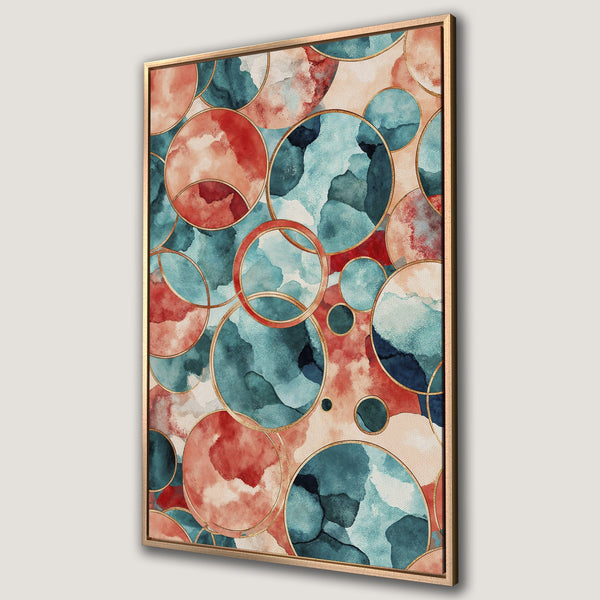 Framed Wall Art featuring watercolor circles in teal, coral, and gold. Modern abstract art for your home decor.