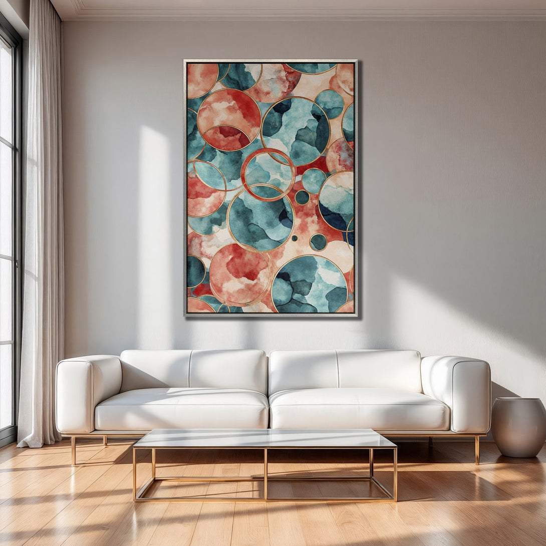Framed Wall Art: Abstract watercolor circles in teal, coral, and gold. Modern art for living room decor. Canvas print adds a pop of color.
